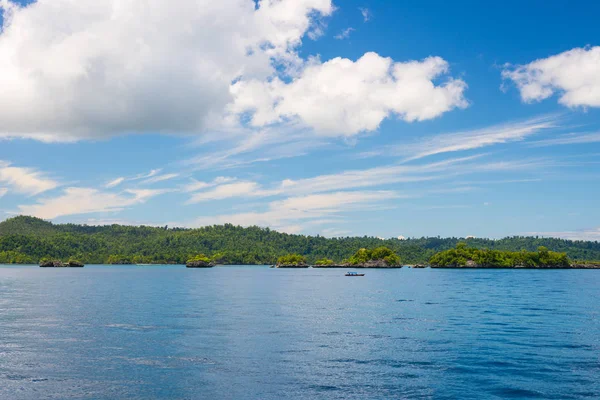 Costa rocosa de la isla manchada por islotes y cubierta por una densa selva verde en el colorido mar de las remotas islas Togean (o islas Togian), Sulawesi Central, Indonesia . —  Fotos de Stock