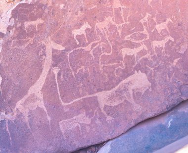 Ünlü Tarih öncesi kaya kabartmaları Twyfelfontein, turistik ve Namibya, Afrika seyahat hedef.