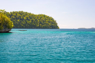 Togian Islands travel destination, Togean Islands scenic beach and coastline with lush green jungle in turquoise sea, Sulawesi, Indonesia. clipart