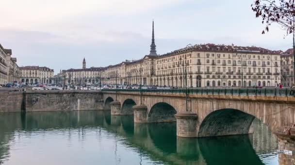Turin Time Lapse Italy Torino Skyline Mole Antonelliana Bridge River — Stock Video