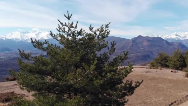 Antena Drone Latanie Nad Jeziorem Dolinie Lasu Widok Ośnieżone Pasmo — Wideo stockowe