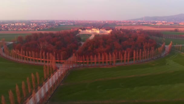 Antenne Überfliegen Der Landschaft Straßengeometrie Von Oben Sonnenuntergangslicht Piemont Italien — Stockvideo