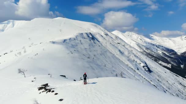 Antenne Bergwanderer Skitourengeher Schneeberg Alpenpanorama Überwindung Von Widrigkeiten Erfolg — Stockvideo