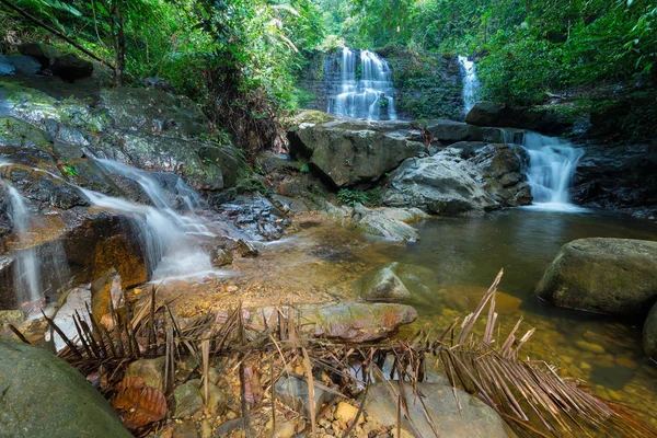 Cascada de la selva tropical de Borneo, arroyo idílico que fluye en la exuberante selva verde del Parque Nacional Kubah, Sarawak, Malasia. Efecto borroso sobre el agua, exposición prolongada . —  Fotos de Stock