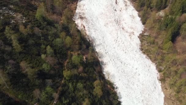 空中飞行 无人驾驶飞机飞越高山山谷 Covedered 森林林地春季的巨大降雪雪崩 — 图库视频影像