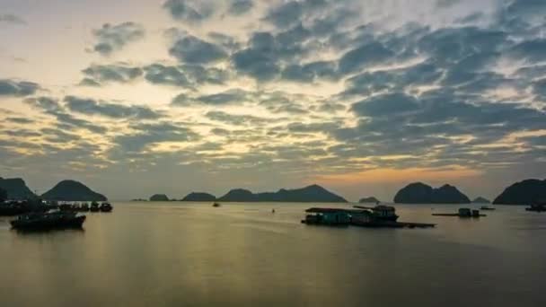 Time Lapse Βιετνάμ Cat Κόλπο Στο Ηλιοβασίλεμα Πλωτά Αλιευτικά Σκάφη — Αρχείο Βίντεο