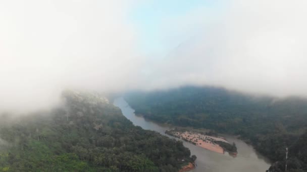 Aerial Panoramic Nam River Drone Flying Morning Fog Mist Clouds — Stock Video