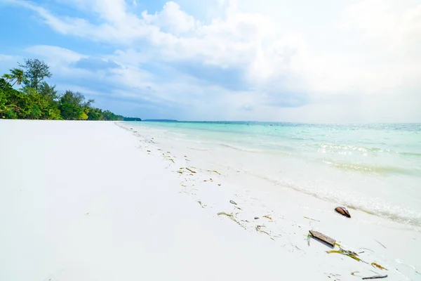 Playa de arena blanca con palmeras de coco agua turquesa transparente, destino de viaje tropical, playa del desierto sin personas - Islas Kei, Molucas, Indonesia —  Fotos de Stock