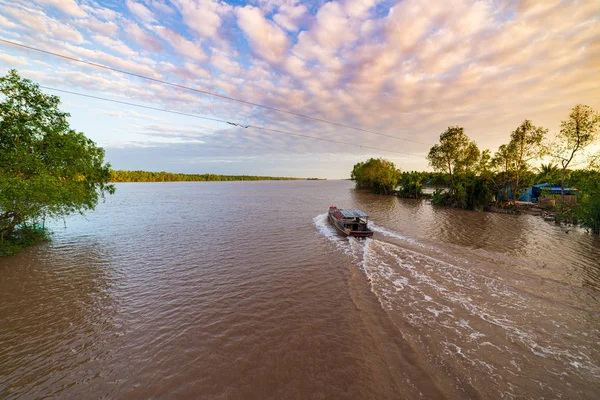 Passeio de barco na região do Delta do Rio Mekong, Ben Tre, Vietnã do Sul. Barco de madeira em cruzeiro no canal de água através da plantação de coqueiros . — Fotografia de Stock