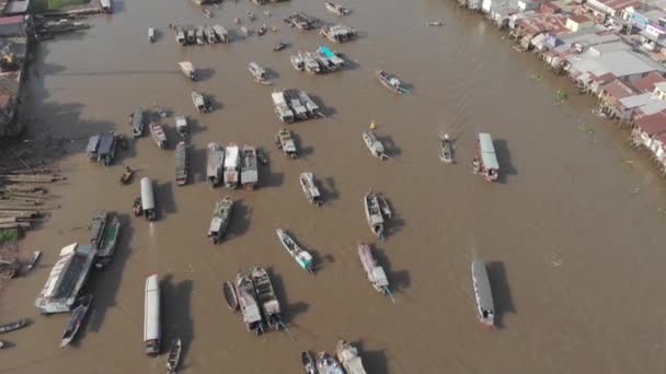 Luchtfoto Vliegen Cai Rang Drijvende Markt Ochtend Boten Verkopen Groothandel — Stockvideo