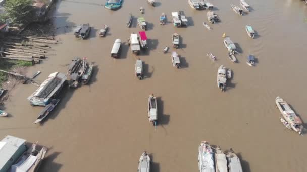 Luchtfoto Vliegen Cai Rang Drijvende Markt Ochtend Boten Verkopen Groothandel — Stockvideo