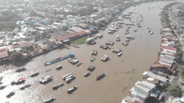 Luchtfoto Vliegen Cai Rang Drijvende Markt Ochtend Boten Verkopen Groothandel — Stockvideo