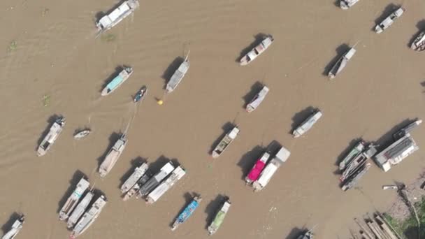 Aerial Flying Cai Rang Floating Market Morning Boats Selling Wholesale — Stock Video