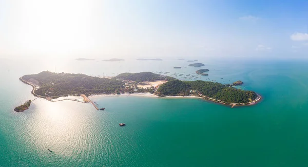 Aerial view of pirate island, Dao Hai Tac, in the southern coast of Vietnam. Bay of water with beach, undeveloped tropical island.