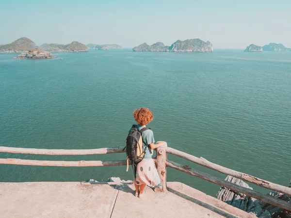 Mujer Mirando Una Vista Única Bahía Halong Vietnam Turista Caminando —  Fotos de Stock