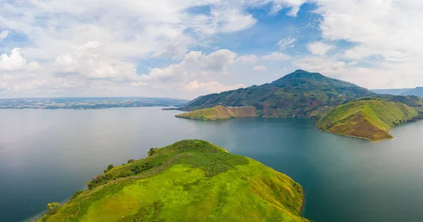 Aéreo Lago Toba Samosir Island Vista Cima Sumatra Indonésia Caldeira — Fotografia de Stock