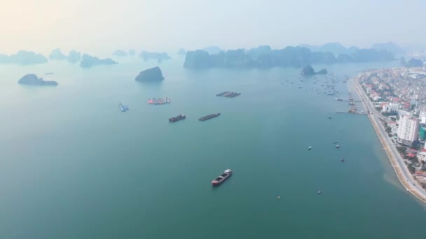 Aerial Flying Long Bay Halong City Skyline Unique Limestone Rock — Stock Video