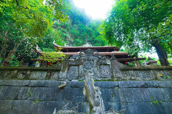 ビッチドンパゴダ ニンビンベトナム ジャングルやカルスト山脈の中に仏教寺院が設定されています 霧の緑の森 石の宗教的な建物 景色のバックライト 周りに人はいない — ストック写真