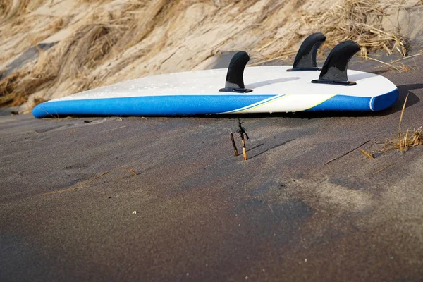 Ein sup board liegt am sandigen ufer des michigan sees lizenzfreie Stockbilder