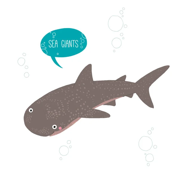 Carácter tiburón ballena sonriendo. Dibujos animados vector dibujado a mano eps 10 ilustración aislada sobre fondo blanco en un estilo plano . — Vector de stock