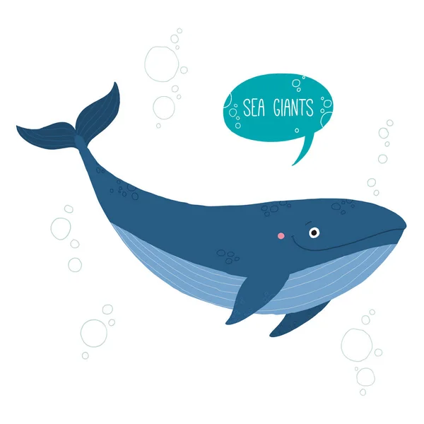 Caricatura de ballena azul sonriendo. Dibujos animados vector dibujado a mano eps 10 ilustración aislada sobre fondo blanco en un estilo plano . — Vector de stock