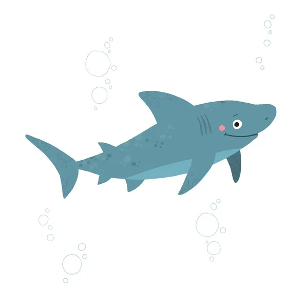 Carácter animal marino de tiburón. Dibujos animados vector dibujado a mano eps 10 ilustración aislada sobre fondo blanco en un estilo plano . — Vector de stock