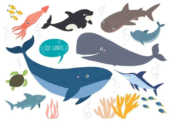 Cute sea animals set. Underwater animal creatures. Squid, orca, whale, shark, dolphin, swordfish and ocean turtle. Undersea world. Cartoon vector illustration isolated on white. Flat style.