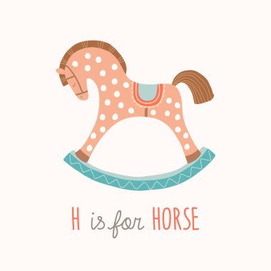 Abc Çocuk Duvarı Sanatı. Oyuncak Alfabe Kartı. Çocuk odası alfabesi poster sanatı. Oyun odası dekoru. At 'ın H' si. Gül sallanan at. Çizgi film vektörü ortamı beyaz arkaplanda izole edilmiş 10 illüstrasyon gösteriyor.