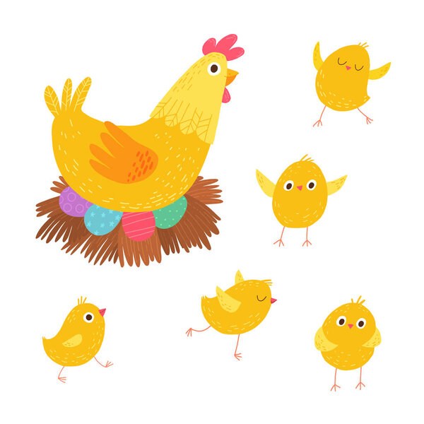 Easter hen with chicks and decorative eggs. Cartoon vector hand drawn eps 10 illustration isolated on dark background in a flat style.