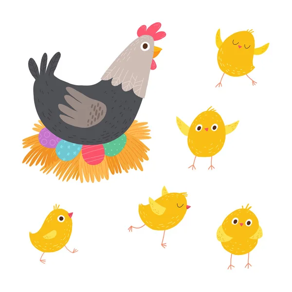 Paashennen en kuikens. Kip zittend op kleurrijke eieren. Cartoon vector hand getrokken eps 10 illustratie geïsoleerd op donkere achtergrond in een platte stijl. — Stockvector