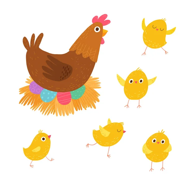 Een stel schattige kleine kippen met hun moeder. Pasen scene. Cartoon vector hand getrokken eps 10 illustratie geïsoleerd op donkere achtergrond in een platte stijl. — Stockvector