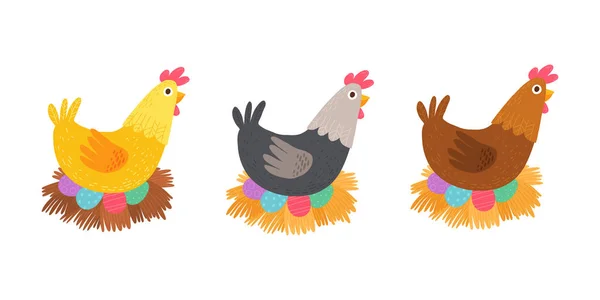 Pollo de Pascua con huevos de vacaciones aislados en blanco. Dibujos animados vector dibujado a mano eps 10 ilustración aislada sobre fondo oscuro en un estilo plano . — Vector de stock