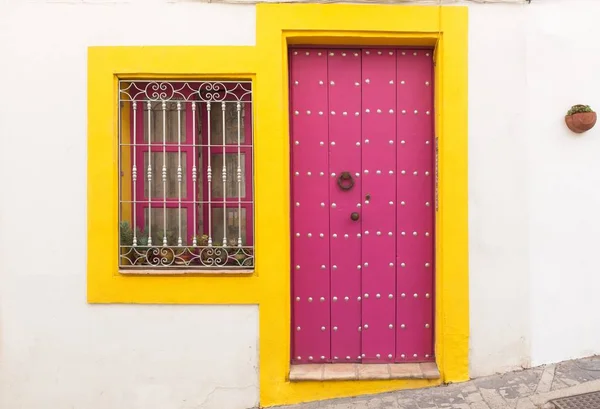 Door Fuchsia Window Yellow Edges Nijar Almeria Andalusia Spain — Stock Photo, Image