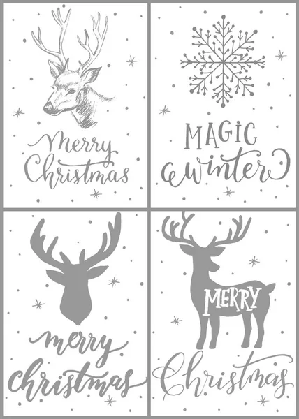 Conjunto de cuatro tarjetas de Navidad con venado y vector de letras . — Archivo Imágenes Vectoriales