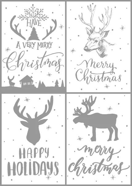 Zestaw czterech kartki świąteczne z jelenia i napis wektor. — Wektor stockowy