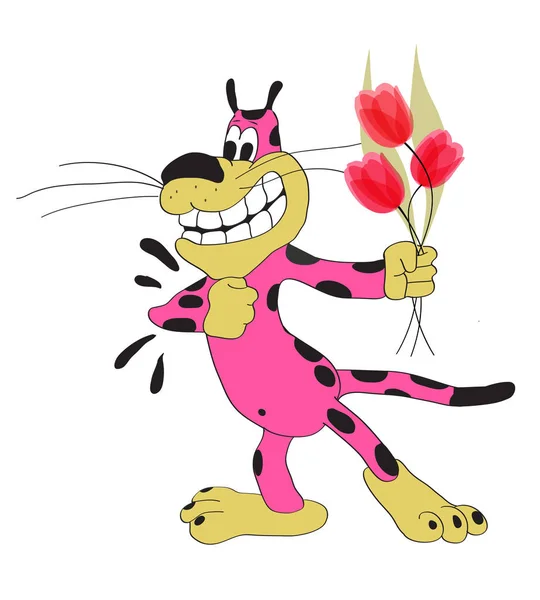 Leopardo rosa com um buquê de tulipas em um vetor de estilo cartoon . —  Vetores de Stock