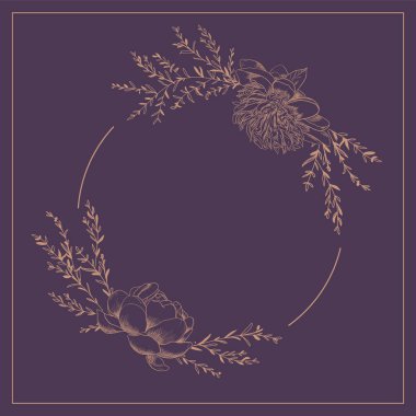 Yuvarlak çerçeve çiçek çelenk, peonies, çırpı ve vektör yaprak.