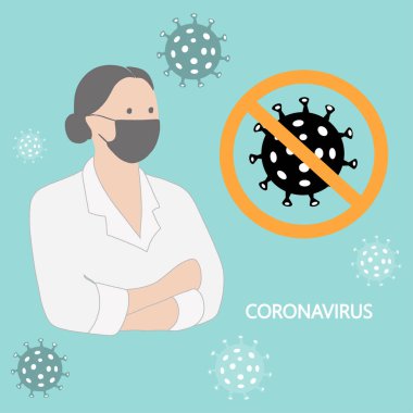 Roman Coronavirus konsepti, covid-19 - koruyucu tıbbi maske takan kadın - bilgi grafikleri ve afişler için resimleme.