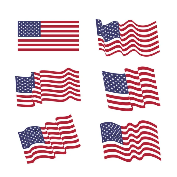 Conjunto Seis Bandeiras Onduladas Dos Eua Estados Unidos Símbolo Nacional — Vetor de Stock