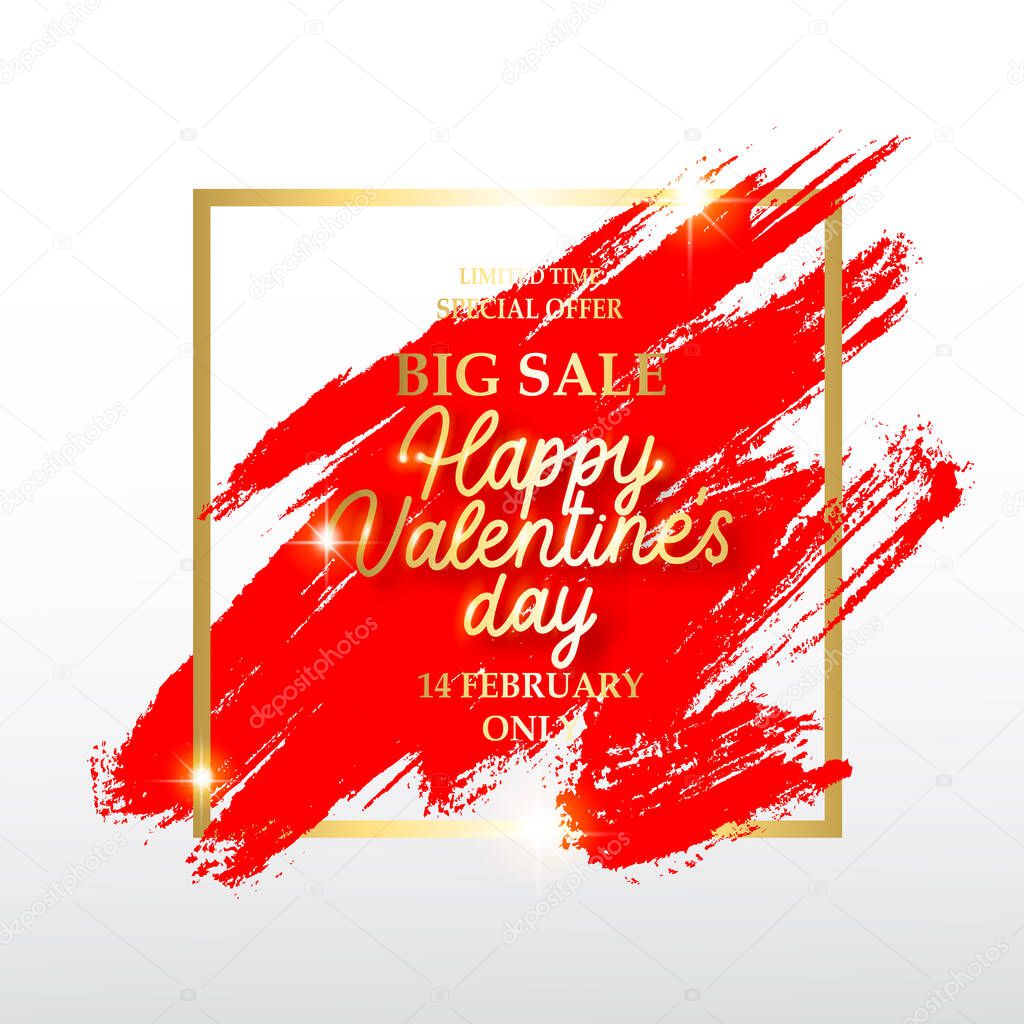 Valentine's day sale banner. Background with a gold frame and brush red stroke.