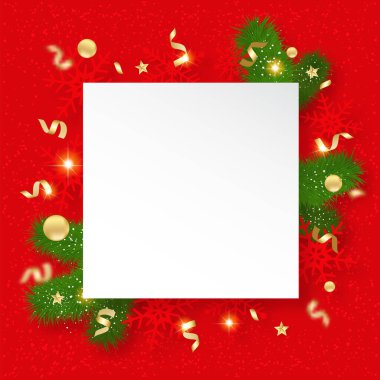 Noel indirimi afişi. Parlak kar taneleri, brunch 'lar ve yıldızlarla dolu bir arka plan. Kırmızı arkaplanda yeni yıl ve Noel kartı illüstrasyonu.