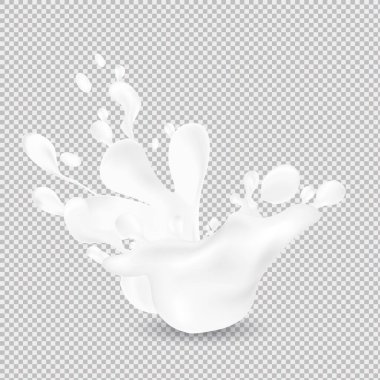 Süt sıçraması. Gerçekçi süt damlaları ve süt suyu damlaları ya da şeffaf arka planda izole edilmiş yoğurt..