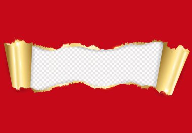 Altından yırtılmış kağıtlarla şeffaf bir arka plan. Yatay şablon posteri, tebrik kartları, başlıklar, web sitesi.