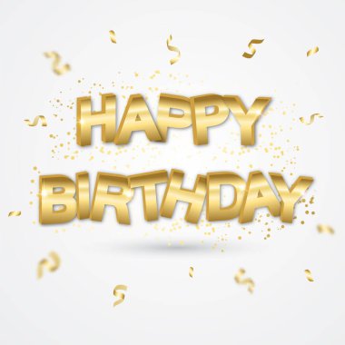 Doğum günün kutlu olsun. Beyaz arka plan, gerçekçi altın yazılar ve kurdeleler. Vektör illüstrasyon tebrik kartı, poster, broşür, afiş.