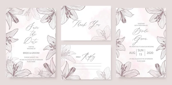 Matrimonio Invito Elegante Modello Tema Impostato Con Lily Decorazione Floreale — Vettoriale Stock