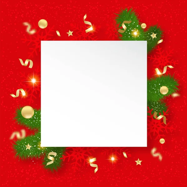 クリスマスセールのバナー 輝く雪片 枝や星と背景 新年と赤い背景のクリスマスカードのイラスト — ストックベクタ