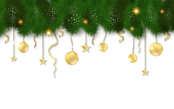 Banner Horizontal Con Guirnalda Árbol Navidad Adornos Colgante Oro Bolas — Vector de stock