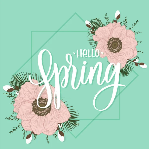 Olá Primavera Lettering Inscrição Com Flores Cartão Amor Com Papoilas — Vetor de Stock