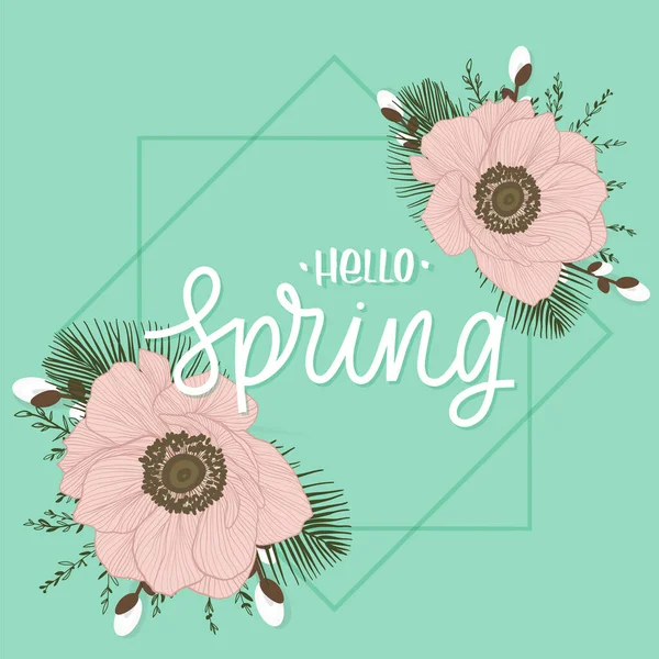 Olá Primavera Lettering Inscrição Com Flores Cartão Amor Com Papoilas — Vetor de Stock