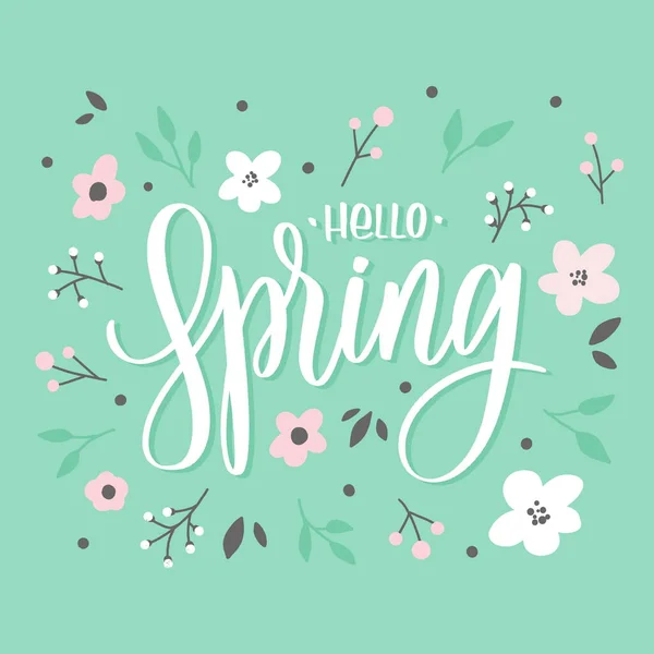 Olá Primavera Lettering Inscrição Com Flores Cartão Amor — Vetor de Stock